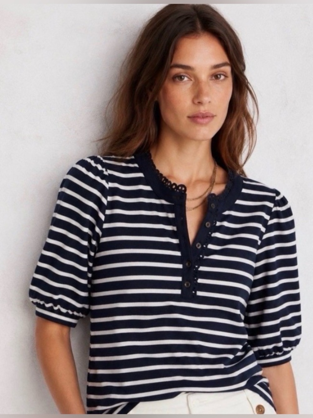 Boden NWOT Striped Puff Sleeve Henley - Picture 1 of 4